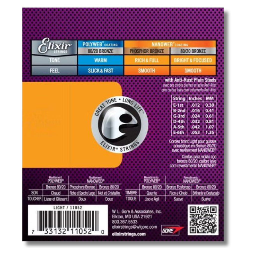 Elixir Nanoweb Coated 80/20 Bronze Acoustic Guitar Light 12-53