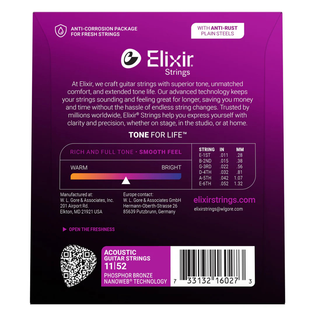 Elixir Phosphor Bronze Nanoweb Coated Acoustic Guitar Strings Custom Light 11-52