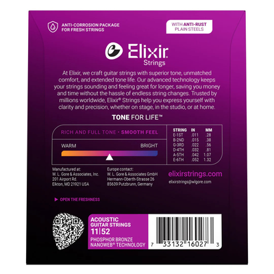 Elixir Phosphor Bronze Nanoweb Coated Acoustic Guitar Strings Custom Light 11-52