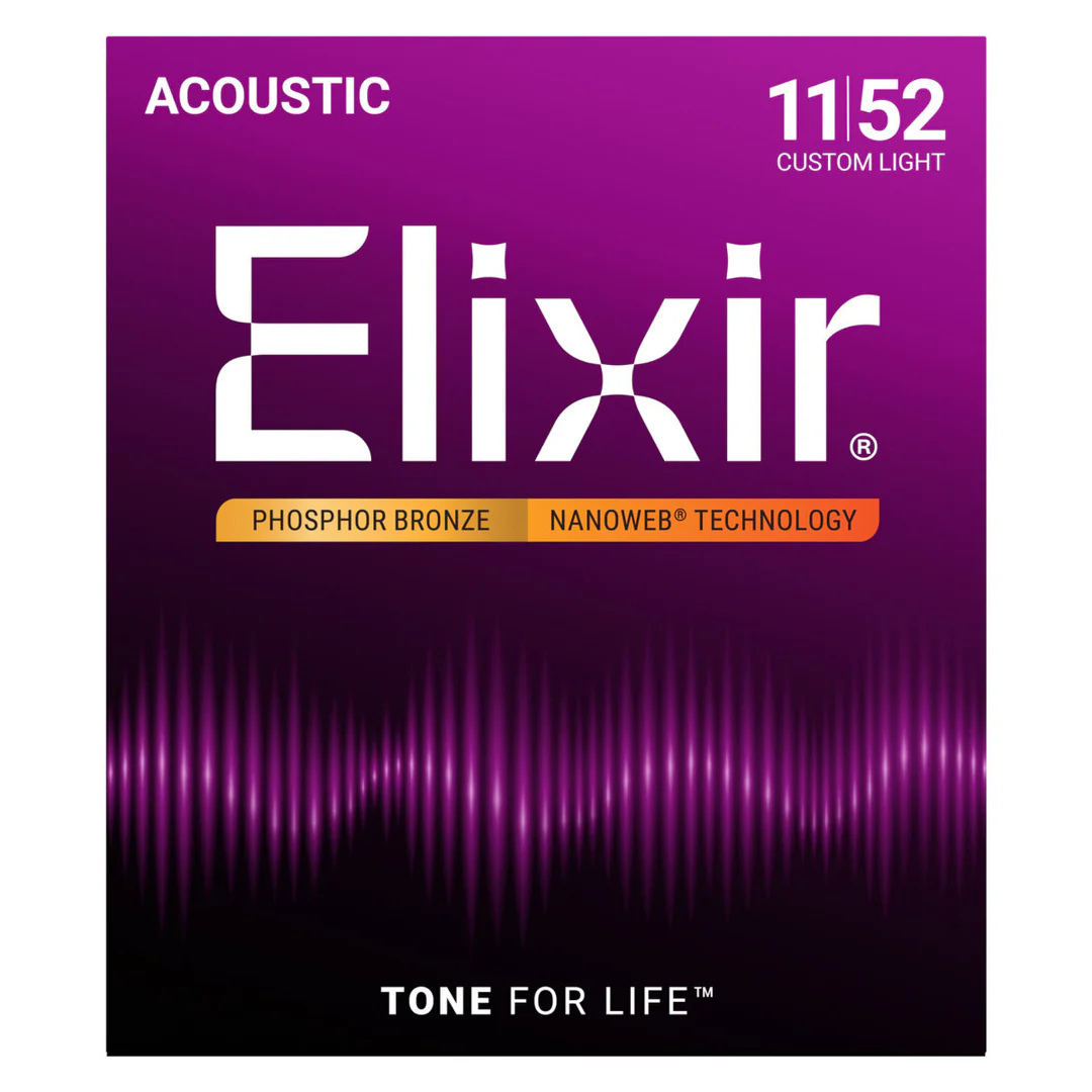 Elixir Phosphor Bronze Nanoweb Coated Acoustic Guitar Strings Custom Light 11-52