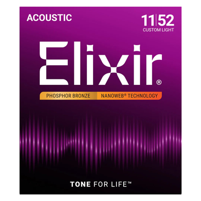 Elixir Phosphor Bronze Nanoweb Coated Acoustic Guitar Strings Custom Light 11-52