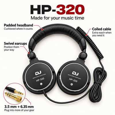 HP-320 DJ monitor headphone features: padded headband, swivel earcups, coiled cable, 3.5 mm + 6.35 mm
